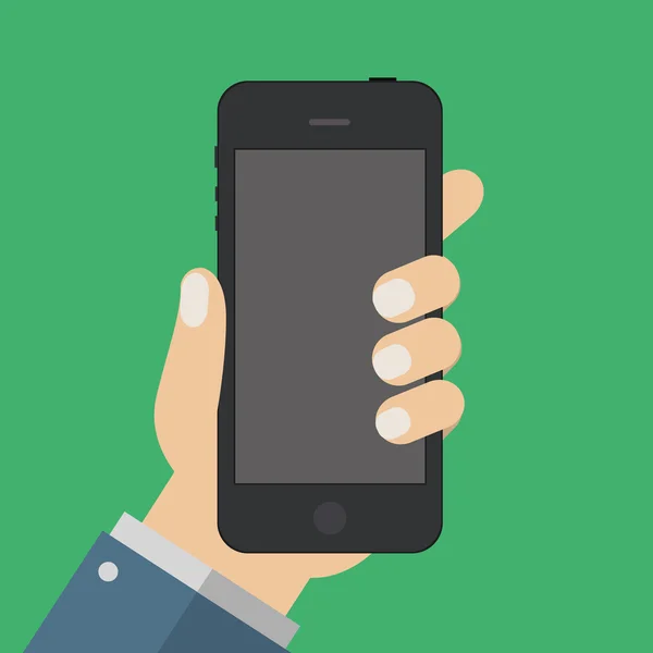 Hand som håller smart telefon på röd bakgrund. platt design — Stock vektor