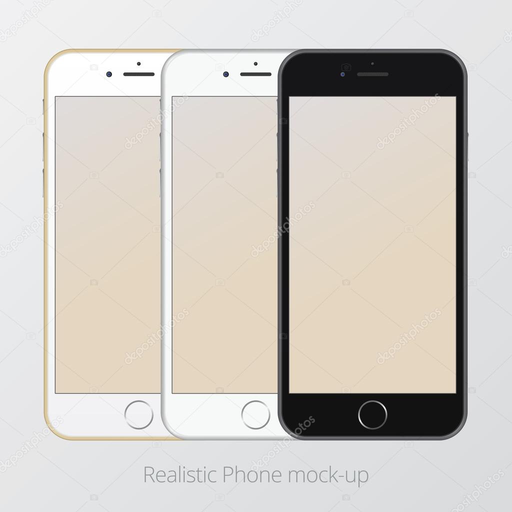 Smartphone realistic vector mockup three colour set. Model Isolated.