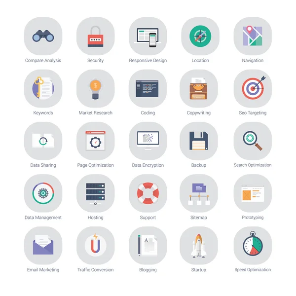 Flat set of marketing, seo optimization and web development icons
