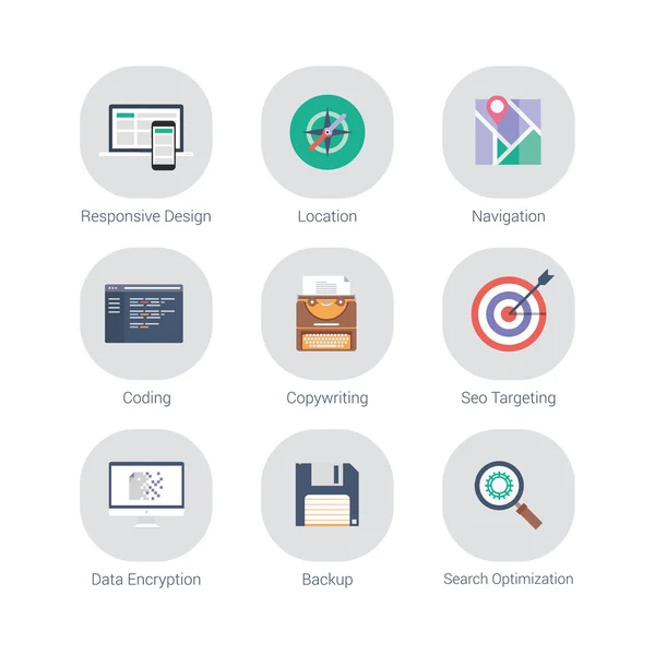 Flat set of marketing, seo optimization and web development icons — Stok Vektör