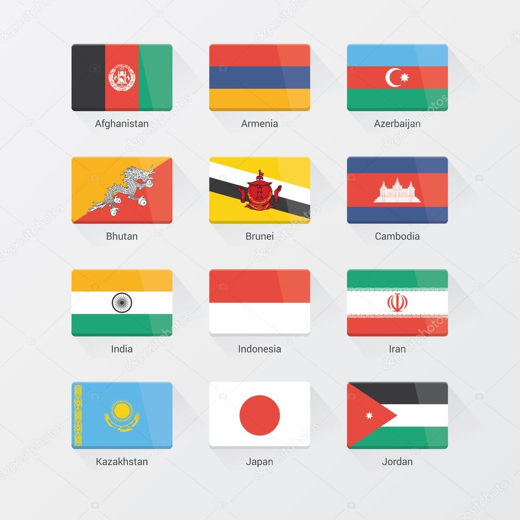 Asian continent flags flat set