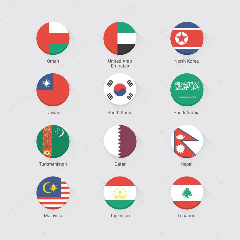 Asian continent flags flat set