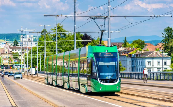 Tram on Wettstein Bridge in Basel — Stock Photo, Image