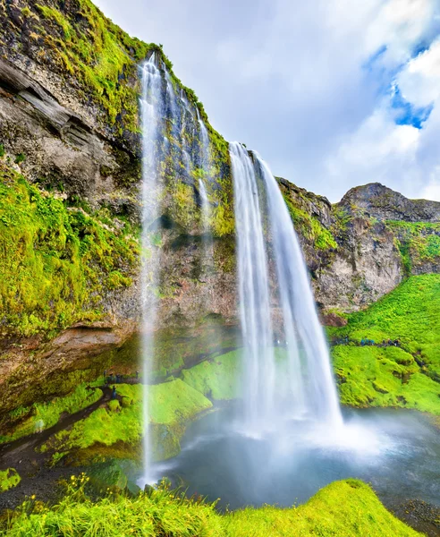 Pohled z vodopádu Seljalandsfoss - Island — Stock fotografie