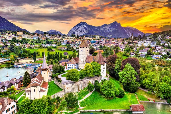 Letecký Pohled Hrad Spiez Jezeře Thun Kantonu Bern Švýcarsko — Stock fotografie