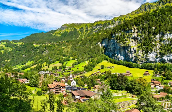 Luchtfoto Van Lauterbrunnen Vanuit Staubbach Watervallen Het Kanton Bern Zwitserland — Stockfoto