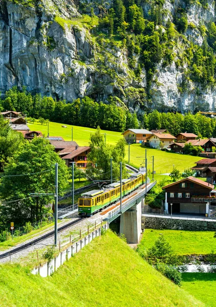 Train Wengernalp Railway Longest Continuous Rack Pinion Railway World Lauterbrunnen — Stock Photo, Image