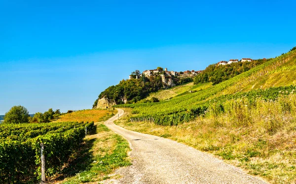 Chateau-Chalon byn ovanför sina vingårdar i Jura, Frankrike — Stockfoto