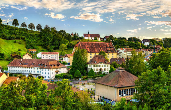 Cityscape of Fribourg in Switzerland at sunset