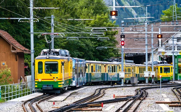 Trenes de montaña en la estación ferroviaria Lauterbrunnen en Suiza — Foto de Stock