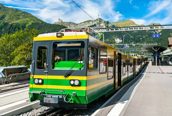 Rack train em Wengen acima do Vale Lauterbrunnen, Suíça — Fotografia de Stock