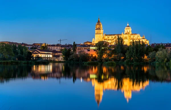 Katedra w Salamance odzwierciedlająca rzekę Tormes w Hiszpanii — Zdjęcie stockowe