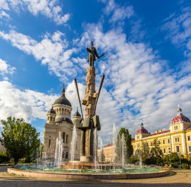 Statue of Stephen Bocskay and Cathedral in Cluj-Napoca, Romania clipart