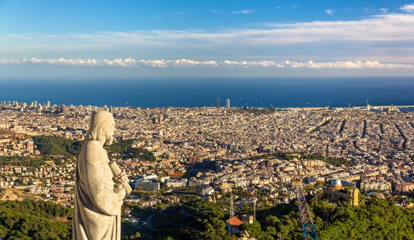 Scultura dell'apostolo e veduta di Barcellona — Foto Stock