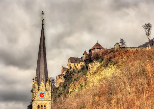 Katedra St. Florin i zamek w Vaduz - Liechtenstein — Zdjęcie stockowe