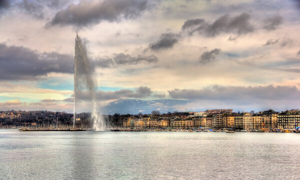 View of Geneva with the Jet d'Eau fountain - Switzerland