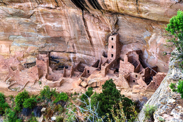 Vertical view of Square Tower House in Mesa Verde National Park, Colorado. The Ancestral Puebloan ruins feature the parks tallest tower, built into a sandstone alcove