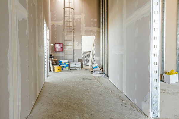 Gypsum wall under construction, ready for next step