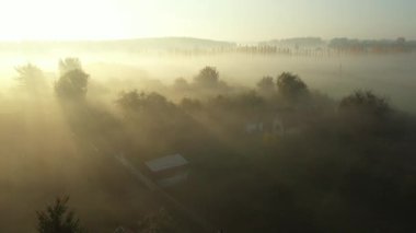 Dolly hareketli çekim, yavaş yavaş yüzen buharı gösteriyor. Kır evi, orman, şafak vakti manzara..