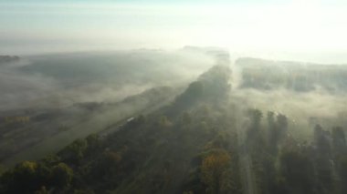 Hava kulesi ileriye doğru hareket ediyor, güneş doğarken ve etkin trafiği olan orman ağaçları arasında uzanan asfalt yolda puslu manzarayı görüyor. 