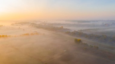 Sabahın erken saatlerindeki sislerin havadan görünüşü, yavaşça süzülen buhar, şafak vakti ekilmiş bitki örtüsünün üzerinde buhar..