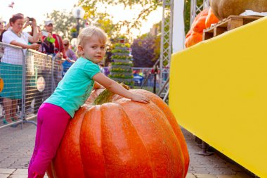 Kikinda, Voyvodina, Sırbistan - 11 Ekim 2014: Sevimli küçük çocuk geleneksel tatil yarışmasında sahnede sergilenen dev, devasa bir balkabağına sarıldı. 