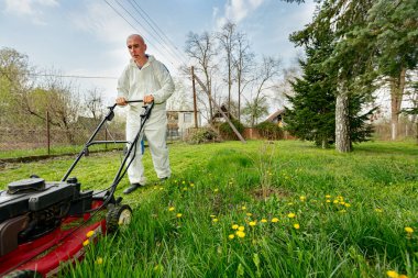 Koruyucu giysili bahçıvan bahçesinde çimen biçiyor. Çim biçme makinesi de meyve ağaçları arasında..