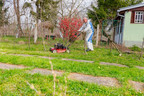 Giardiniere Indossare Protettivo Generale Sta Tagliando Erba Nel Suo Cortile — Foto Stock