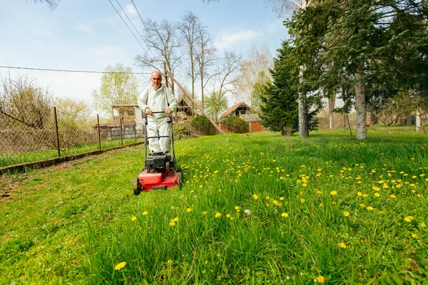 Trädgårdsmästare Bär Skyddande Övergripande Skär Gräs Sin Gård Med Motor — Stockfoto