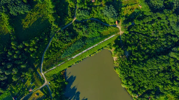 Oberer Blick Über Böschung Damm Des Sees Hügeliger Landschaft Wald — Stockfoto