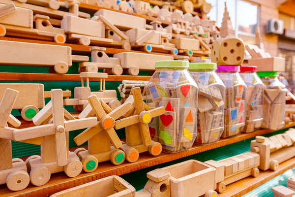 Children Eco Handmade Vintage Wooden Toys Various Models Windmill Train — Stock Photo, Image