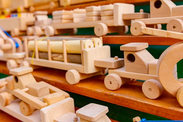 Children Eco Handmade Vintage Wooden Toys Various Models Train Truck — Stock Photo, Image