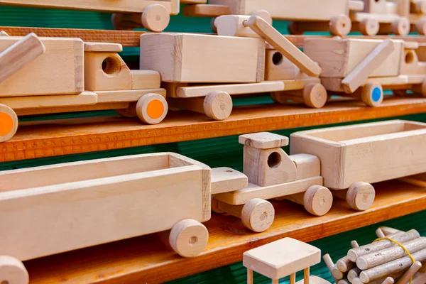 Children Eco Handmade Vintage Wooden Toys Various Models Train Truck — Stock Photo, Image