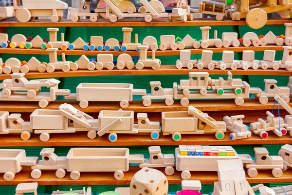 Children Eco Handmade Vintage Wooden Toys Various Models Train Truck — Stock Photo, Image