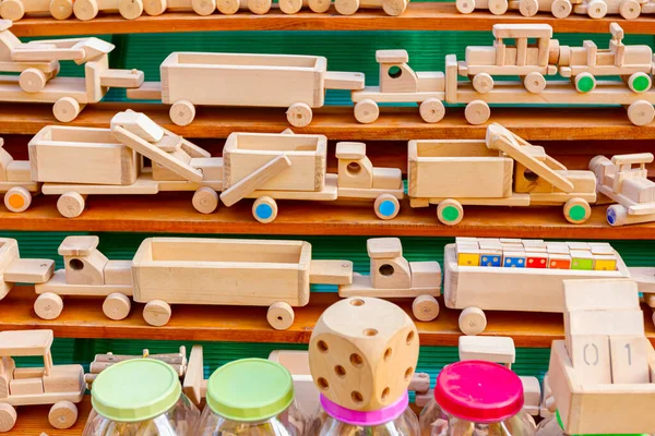 Children Eco Handmade Vintage Wooden Toys Various Models Train Truck — Stock Photo, Image