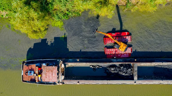 Por Encima Vista Superior Dragado Excavadora Dragado Trabajando Río Canal —  Fotos de Stock