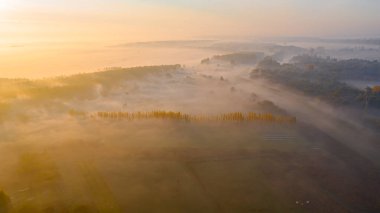 Sabahın erken saatlerindeki sislerin havadan görünüşü, yavaşça süzülen buhar, şafak vakti ekilmiş bitki örtüsünün üzerinde buhar..