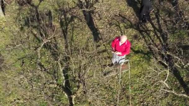 Yaşlılara Tepede Erkek Kadın Meyve Bahçesindeki Meyve Dallarını Buduyorlar Baharın — Stok video