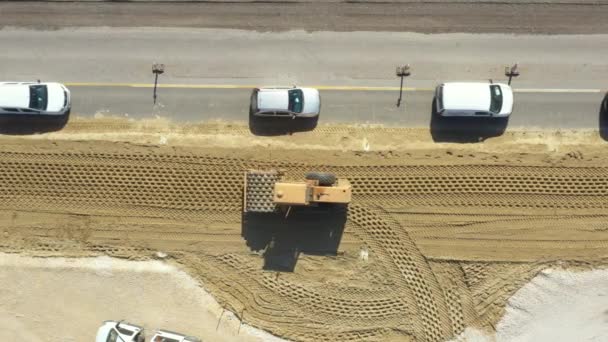 Top View Overhead Huge Road Roller Spikes Compacting Soil Sand — Stock Video