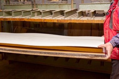 Marangoz işçileri marangozluk atölyesinde sıkmak için ahşap baskı makinesine yapıştırılmış ahşap profiller koyuyorlar..