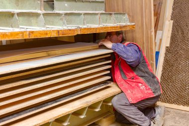 Marangoz işçileri marangozluk atölyesinde sıkmak için ahşap baskı makinesine yapıştırılmış ahşap profiller koyuyorlar..