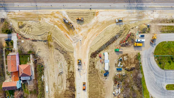 Blick Von Oben Über Kopf Auf Kreisstraße Kreisverkehr Bau Bauarbeiter — Stockfoto