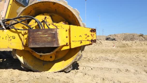 Close View Road Roller Spikes Vibrating Compactor Compacting Tamping Sand — Stock Video