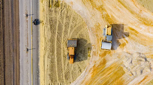 Top View Overhead Two Road Rollers Spikes Compacting Sand Flat — Stock Photo, Image