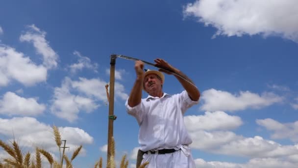 Farmář Brousí Žehlí Opravuje Čepel Své Kose Brouskem — Stock video