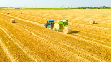 Traktörün üst görüntüsü mercimeği fırına verirken, kamışı yuvarlayan ve tarımsal alanın üzerine doldurulmuş yuvarlak bir balya tüküren makine....