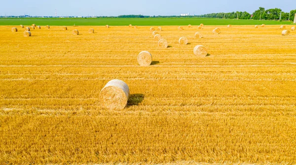 Vista Superior Del Campo Agrícola Con Fardos Redondos Paja Después — Foto de Stock