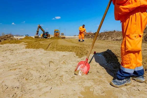 Vista Sobre Rodillo Con Espigas Excavadora Excavadoras Están Nivelando Arena — Foto de Stock