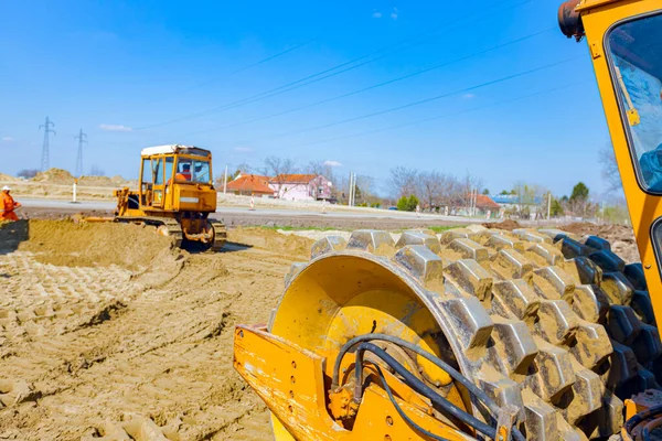 Vue Sur Rouleau Route Avec Des Pointes Vibrantes Compacteur Compacte — Photo