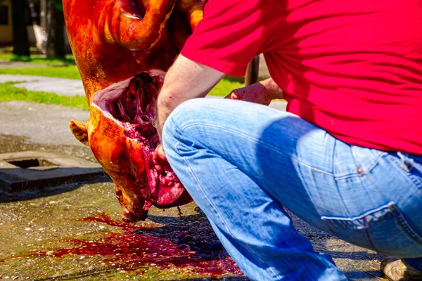 Butcher Removes Bacon Pork Neck Knife Meat Processing Outdoor Butchery — Stock Photo, Image